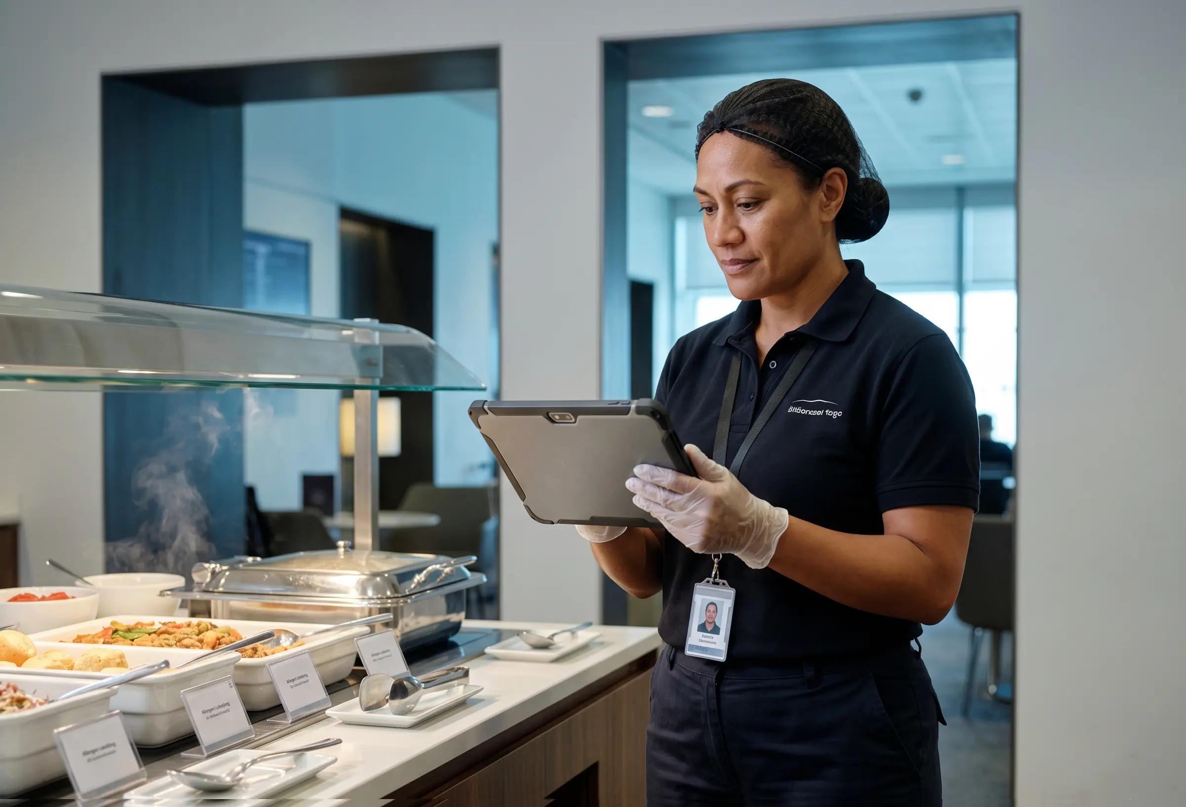 Foodservice Operations Lead in einer internationalen Flughafen-Lounge dokumentiert auf dem Tablet die soeben abgeschlossene Allergen-Kontrolle am Buffet