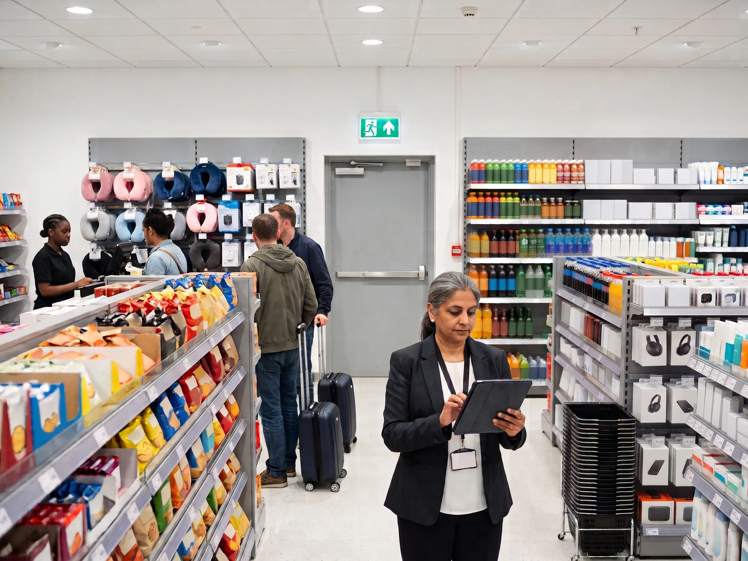 Area manager assesses the emergency exit on a tablet during a safety walk in an airport travel retail store