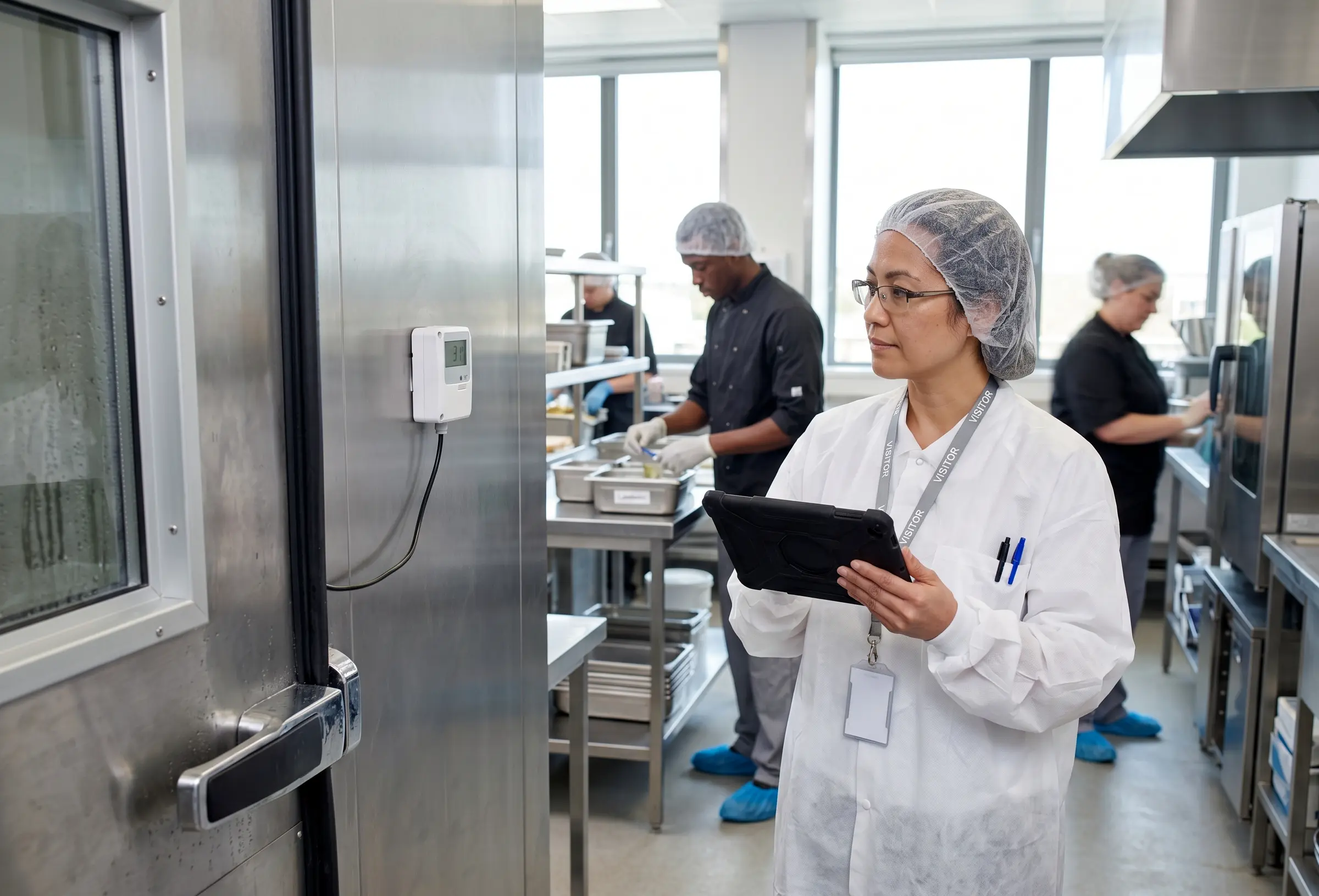 Externe Auditorin mit Tablet prüft Kühlraum-Temperaturen in einer Care-Catering-Großküche während die Küchenmannschaft im Hintergrund weiterarbeitet