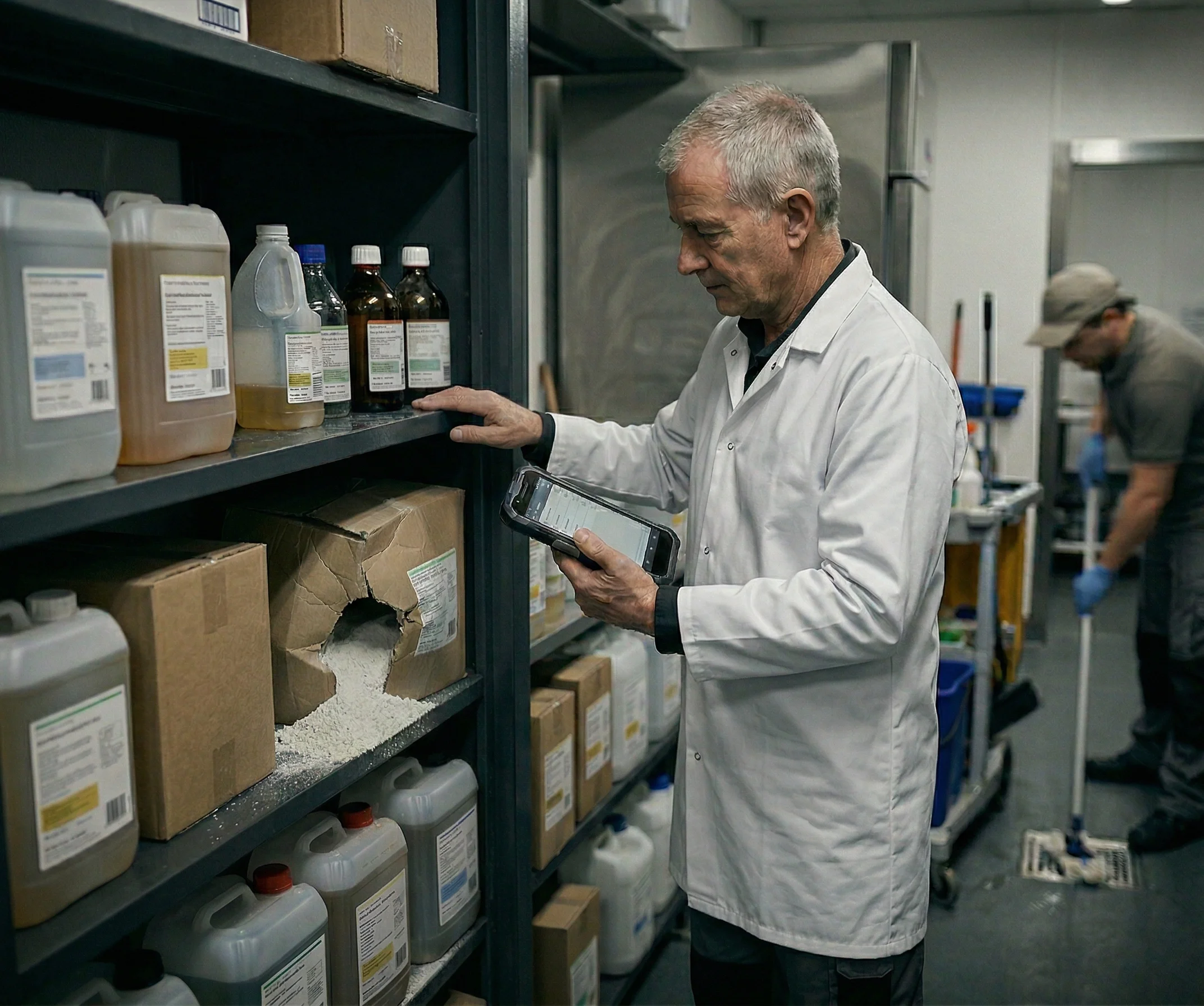 Experienced senior auditor documenting a non-conformance on a mobile device in the chemical storage area, capturing a damaged packaging carton with spilled powder.