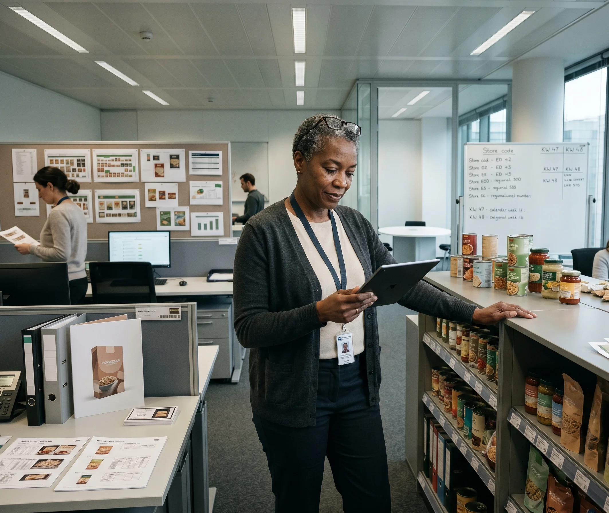 Senior quality director at the headquarters of a European food retailer reviewing performance across a distributed branch network: private-label products, planograms and store codes visible as working materials.