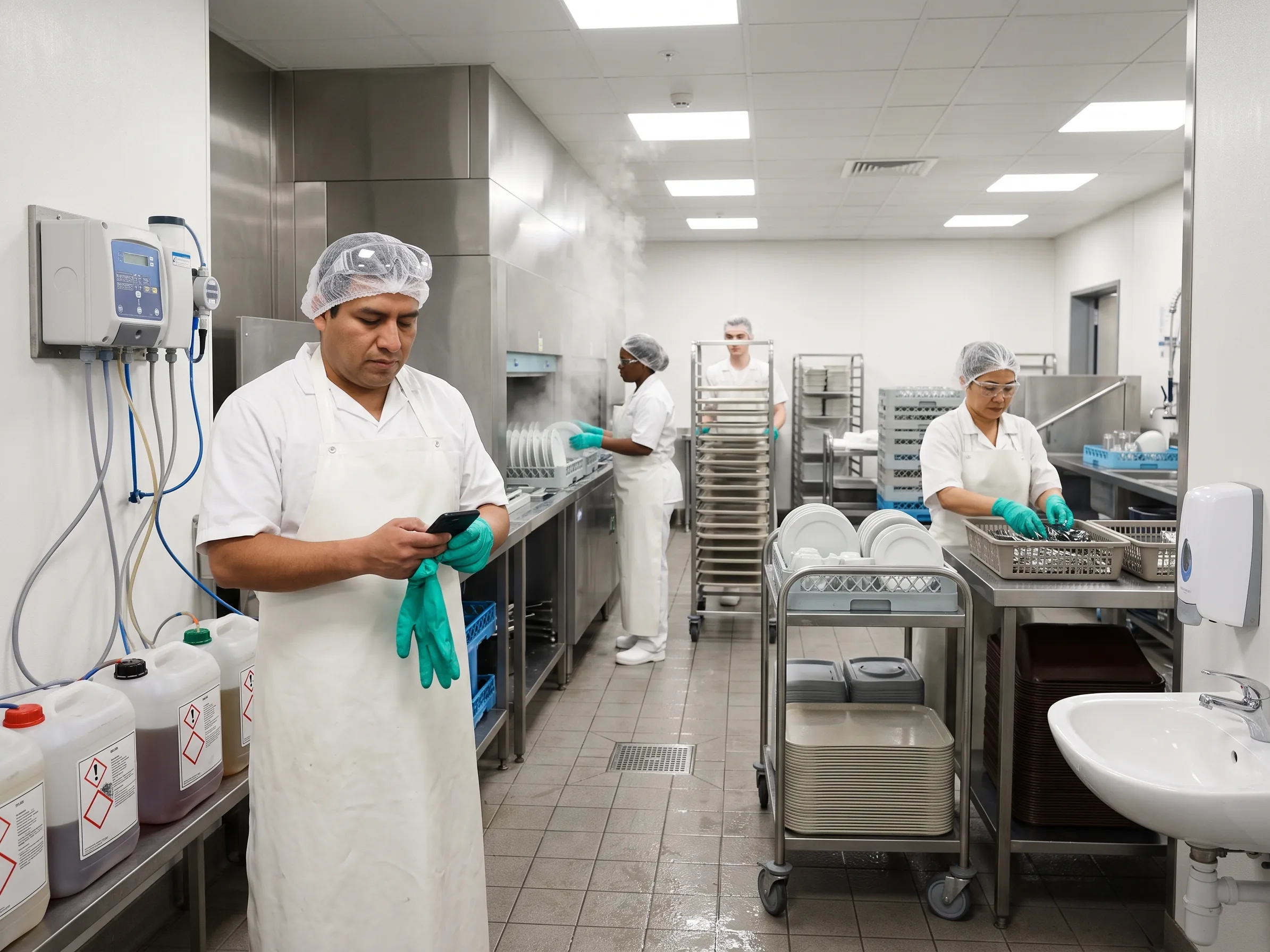 Employee in a hospital kitchen dishwashing area reads the safety data sheet on his smartphone at the chemical dosing station