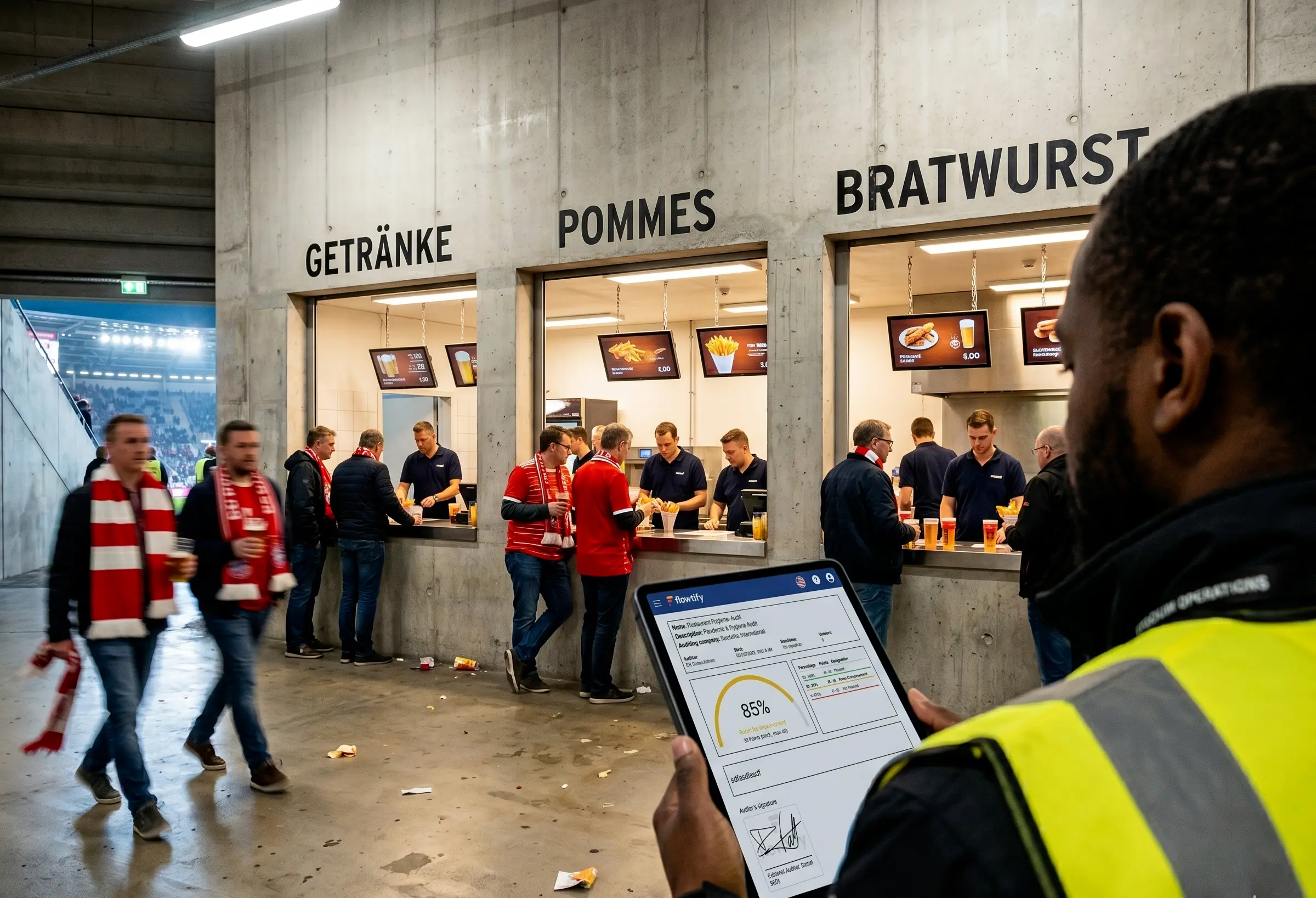 Stadion-Operations-Lead prüft auf dem Tablet den Audit-Bericht eines bestimmten Pommes-Kiosks während eines laufenden Spiels, die markierte Auffälligkeit klar erkennbar und direkt vor Ort bearbeitbar.