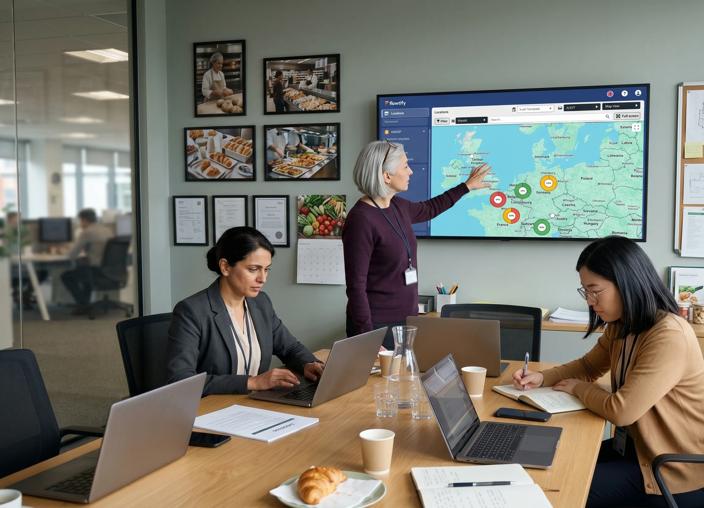 Drei Führungskräfte aus Quality, Operations und Region prüfen im Headquarter-Konferenzraum am Wand-Display die standortübergreifende Audit-Performance ihres Filialnetzes.
