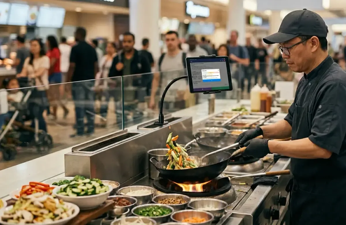 Ostasiatischer Koch in einer modernen Systemgastronomie (Flughafen Food Court) bereitet Speisen im Wok über offener Flamme zu, begleitet von einer klaren HACCP-Dokumentations-Struktur auf einem montierten Tablet