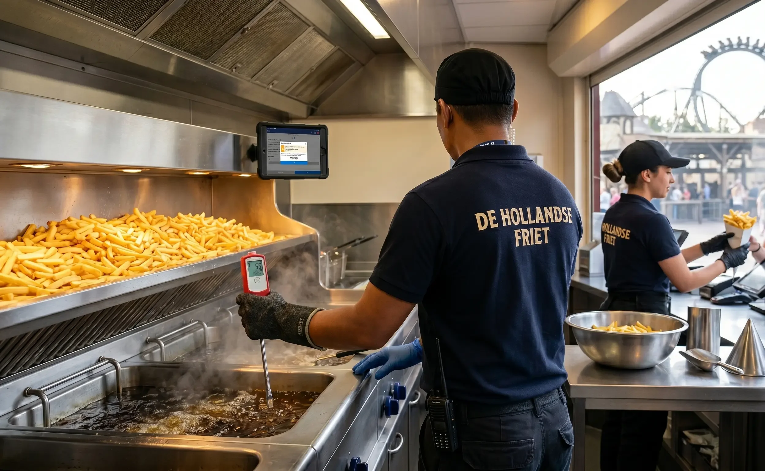 Servicekraft führt mit einem TPM-Messgerät eine HACCP-Frittieröl-Kontrolle durch