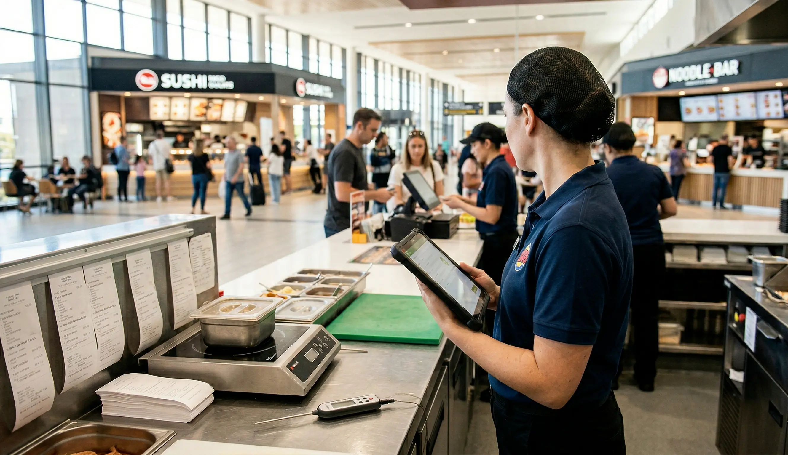 Mitarbeiterin am Tablet im Foodcourt einer Filialgastronomie, im Hintergrund verschiedene Quick-Service-Outlets wie Sushi- und Noodle-Bar