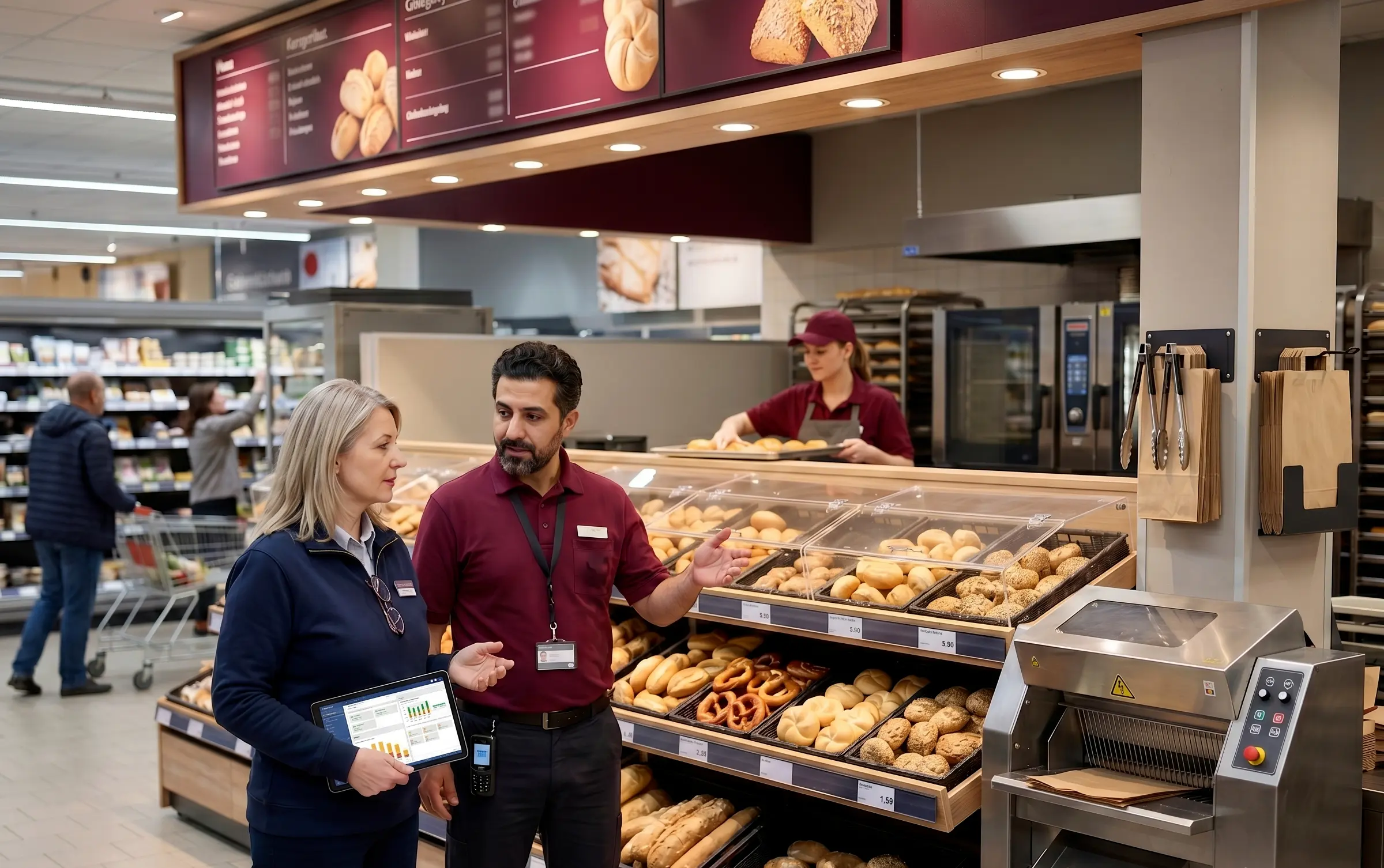 Filialleitung und Bereichsleitung besprechen Tablet-Auswertungen am Backshop einer Supermarkt-Filiale, im Hintergrund eine Mitarbeiterin mit frisch belegtem Backblech