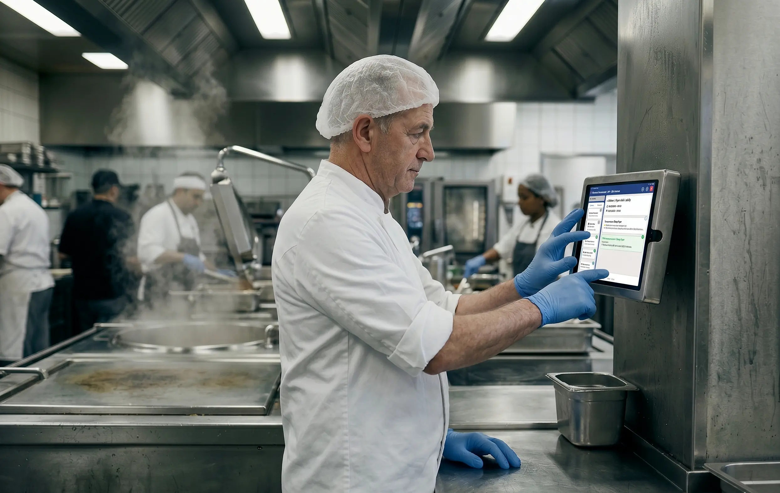 Küchenchef bedient digitales Qualitätssicherungssystem auf Tablet in laufender Großküche