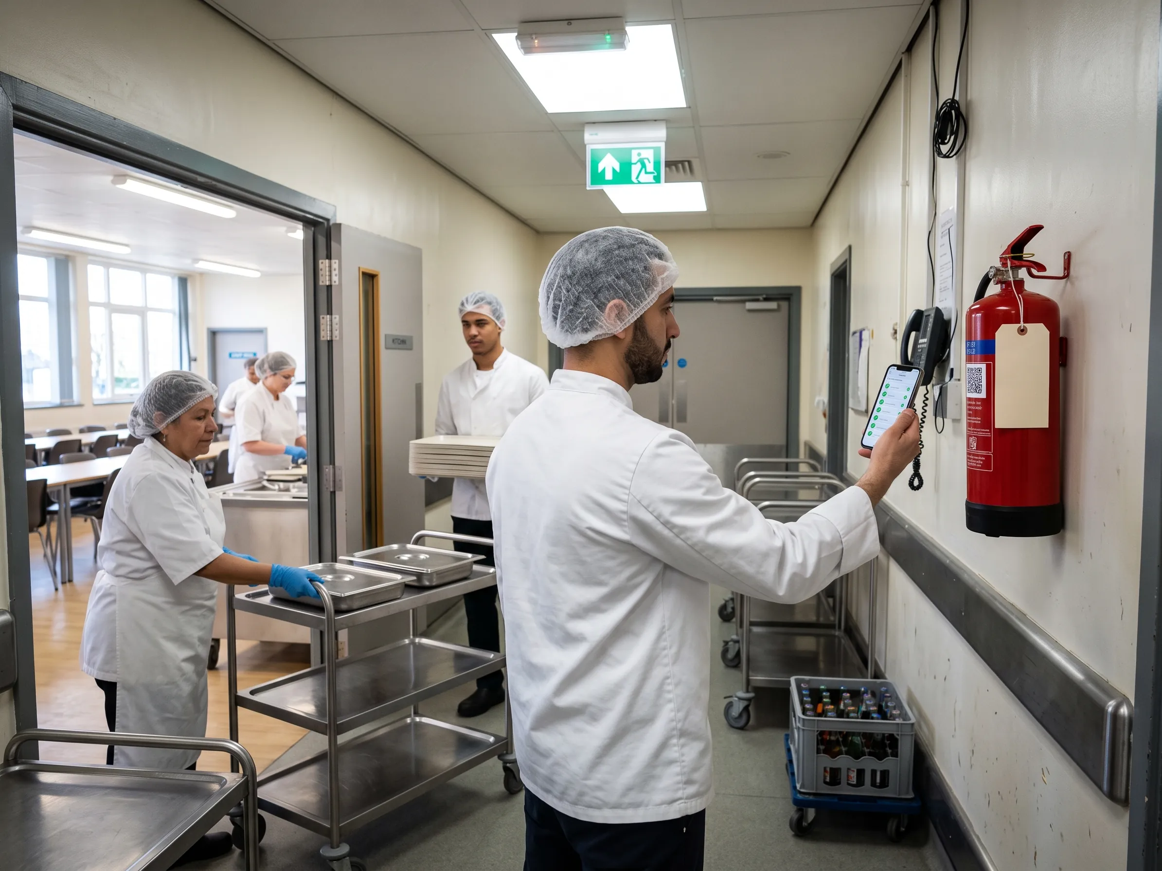 Employee in a staff restaurant scans the QR code on a fire extinguisher with his smartphone as proof of the on-site check