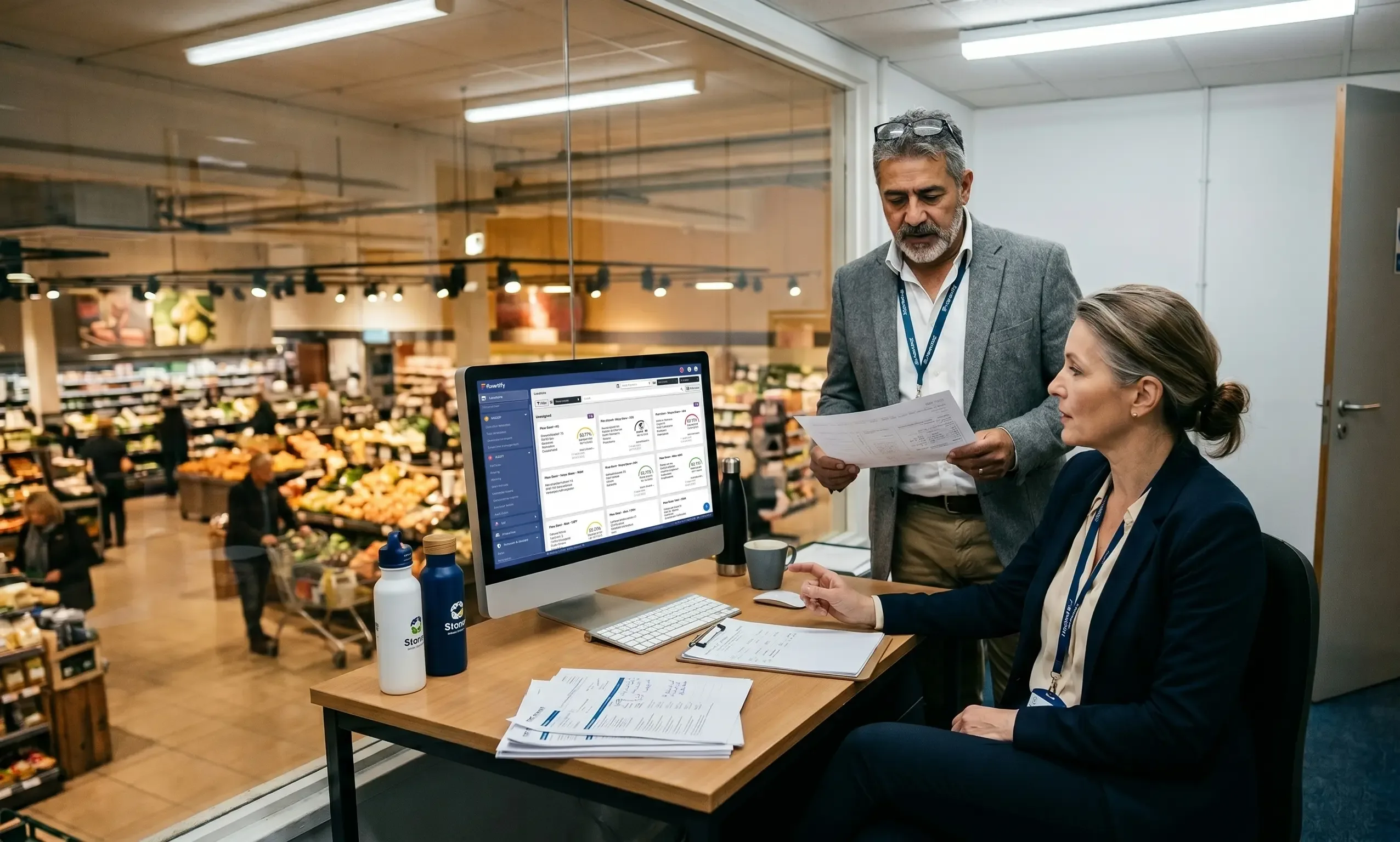 Regionalmanagement-Team beim Standortvergleich im Supermarkt-Backoffice: flowtify-Dashboard zeigt Auswertungen über mehrere Filialen