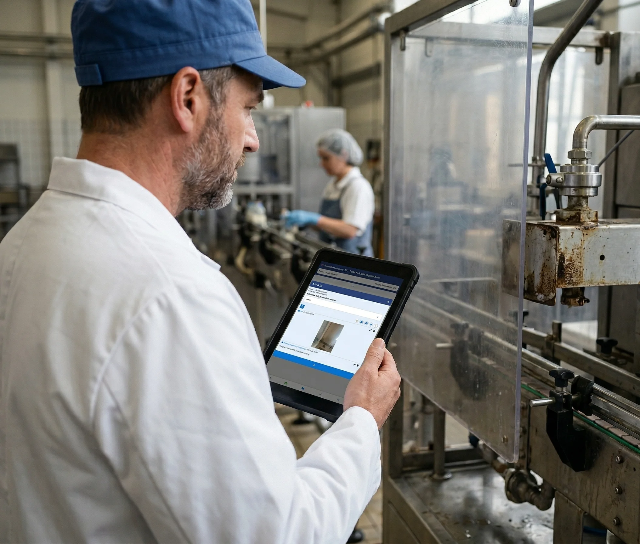 Mitarbeitende führen ein digitales Audit in einer Lebensmittelproduktion durch