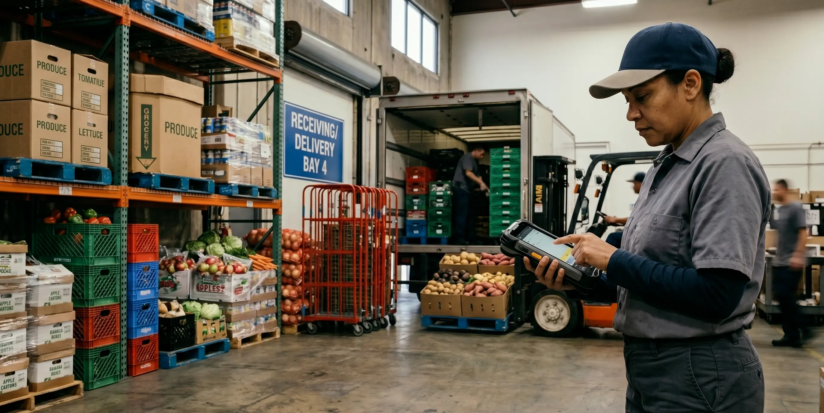 Lagerist prüft am Wareneingang eine Lebensmittel-Lieferung mit Frischeprodukten, daneben dokumentiert ein Kollege die Temperatur- und Eingangskontrolle auf dem Tablet, im Hintergrund ein Kühl-Lkw an der Verladestation