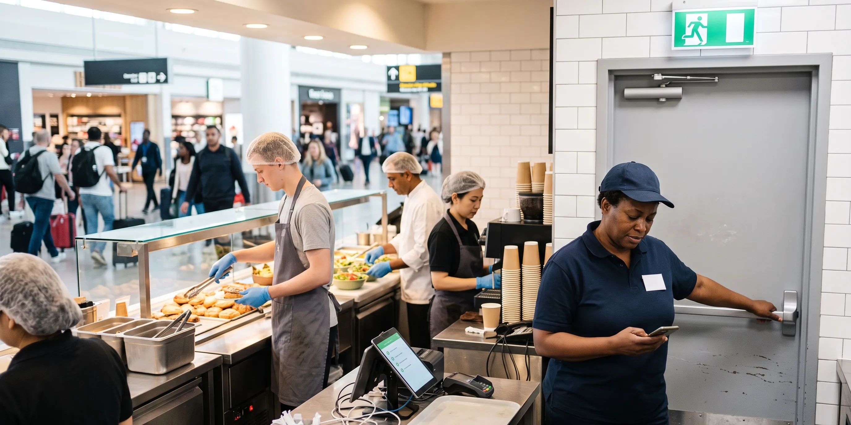 Shift lead in an airport food outlet checks the emergency exit behind the counter before opening and confirms the check on her smartphone