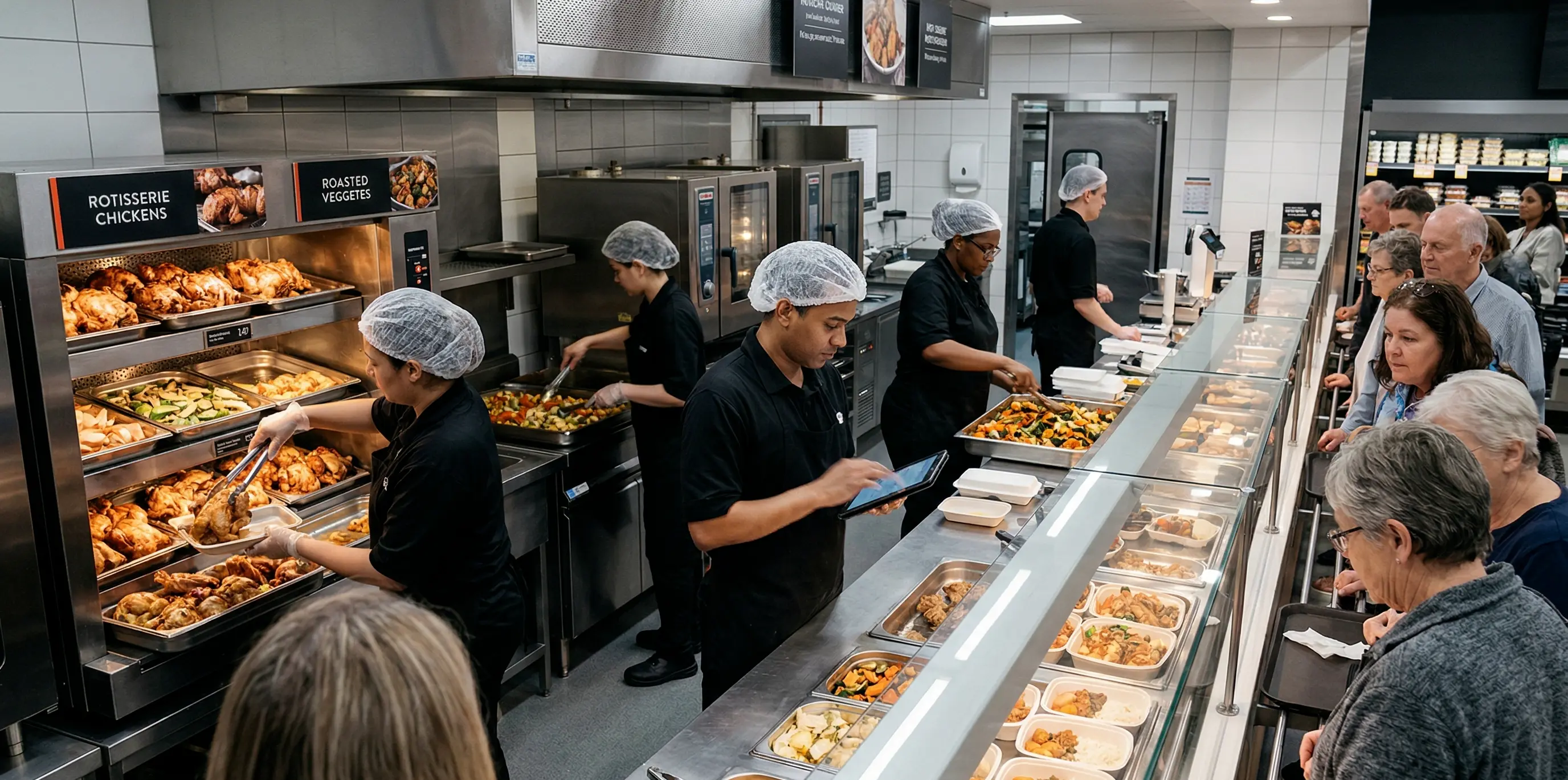 Team lead coordinating the active shift on a tablet at the hot food counter of a supermarket convenience section, with multiple staff members visible across the sales area.
