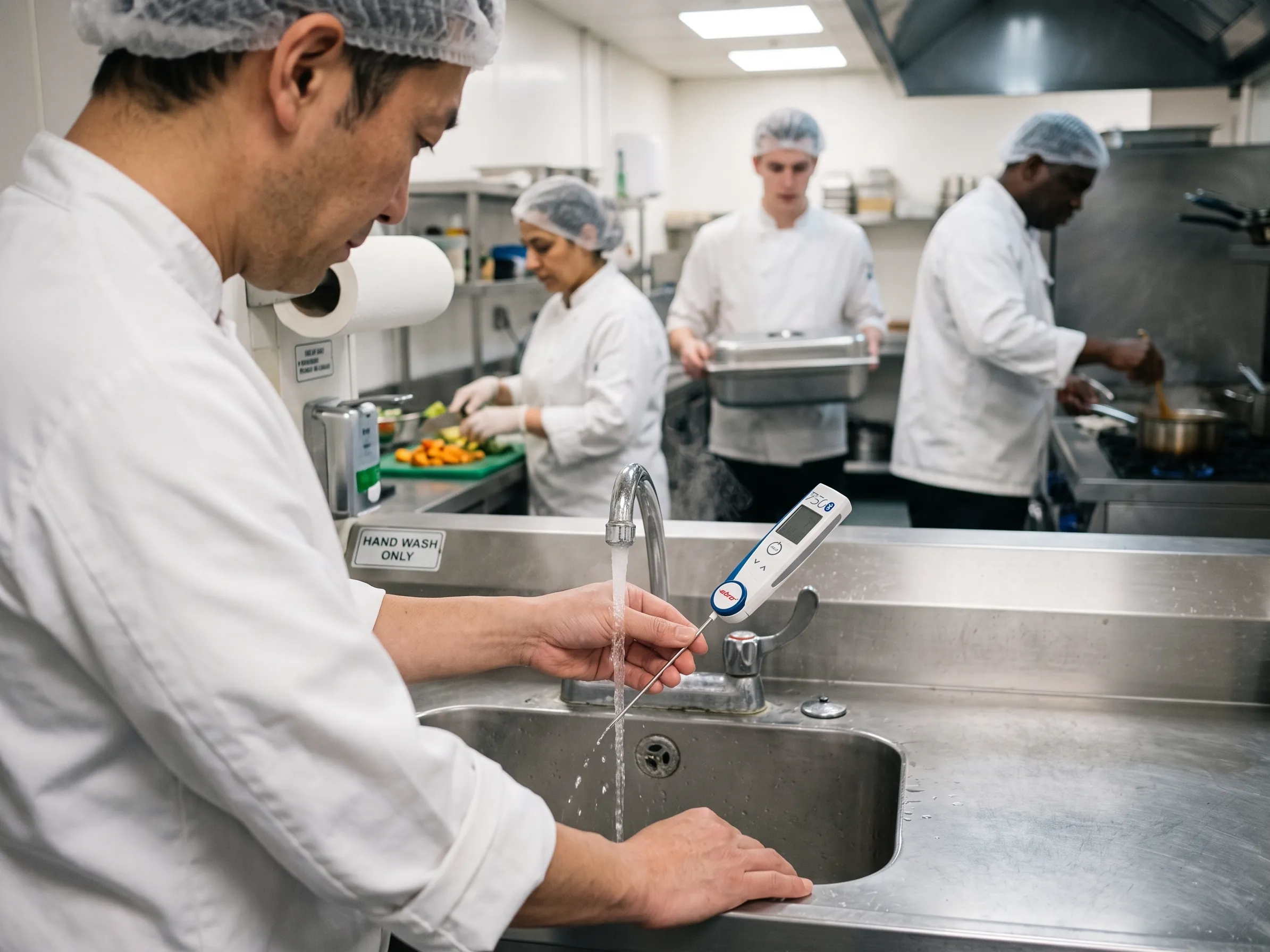 Chef measures the hot water temperature at a hand wash basin in a hotel kitchen with a digital probe thermometer as a legionella control