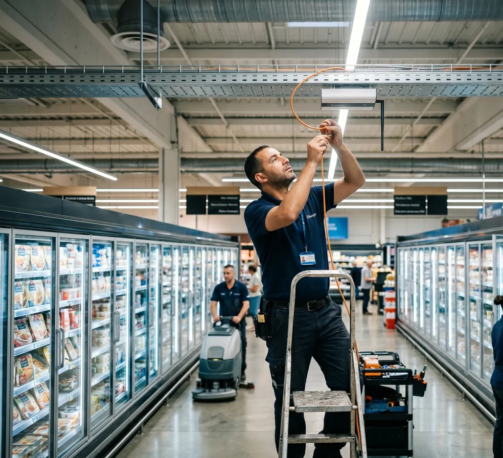 Techniker installiert ein LoRaWAN-Gateway im Tiefkühlbereich eines Supermarkts