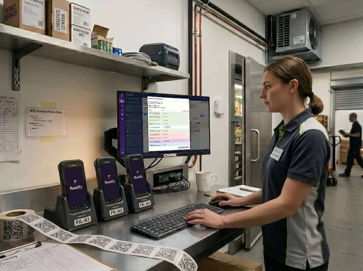 Employee prepares three site-labeled flowtify handheld devices in charging cradles for a multi-site rollout, next to a QR code label roll and a device management dashboard in a cold storage backroom