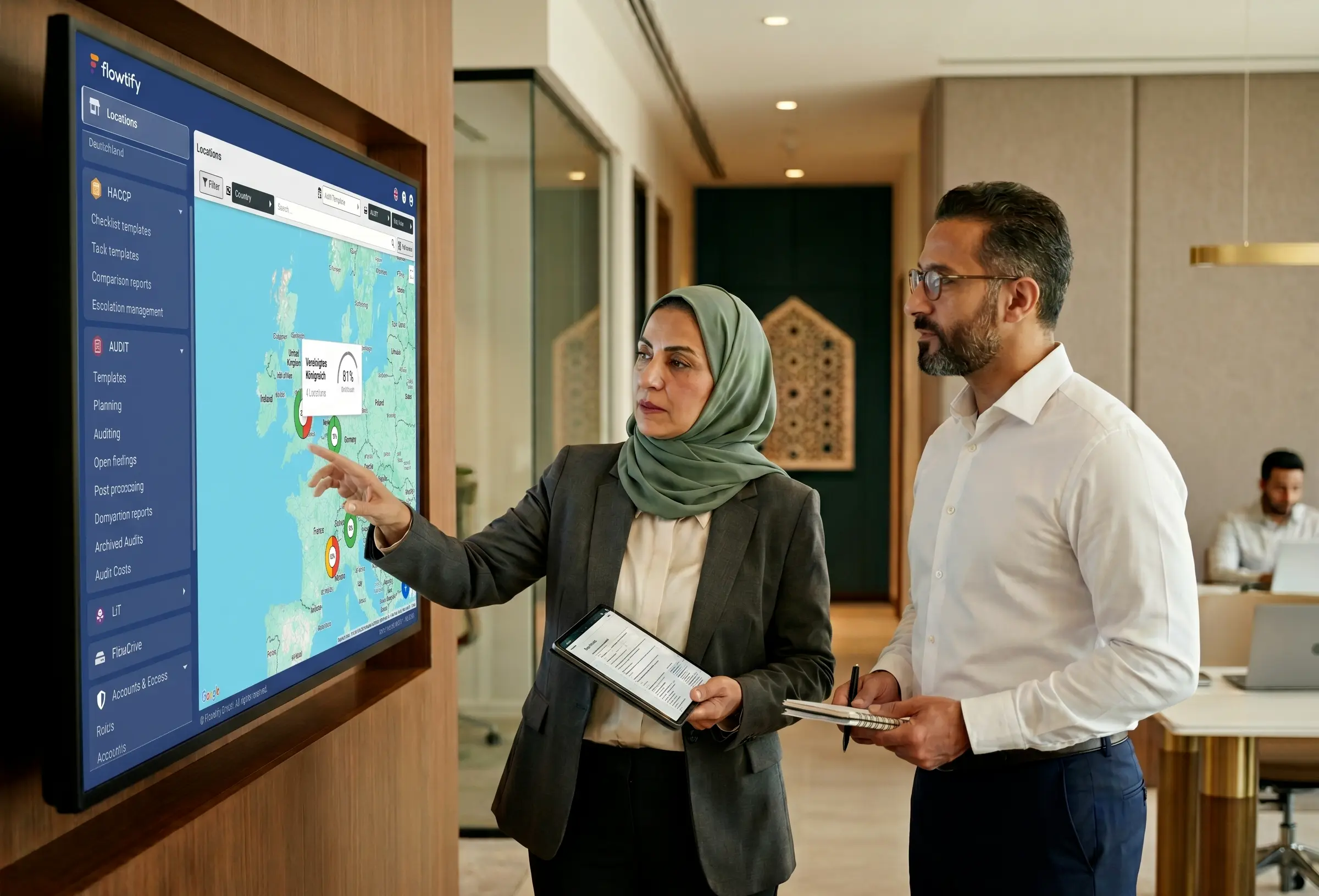 Dashboard mit standortübergreifendem Audit-Vergleich und Qualitätskarte