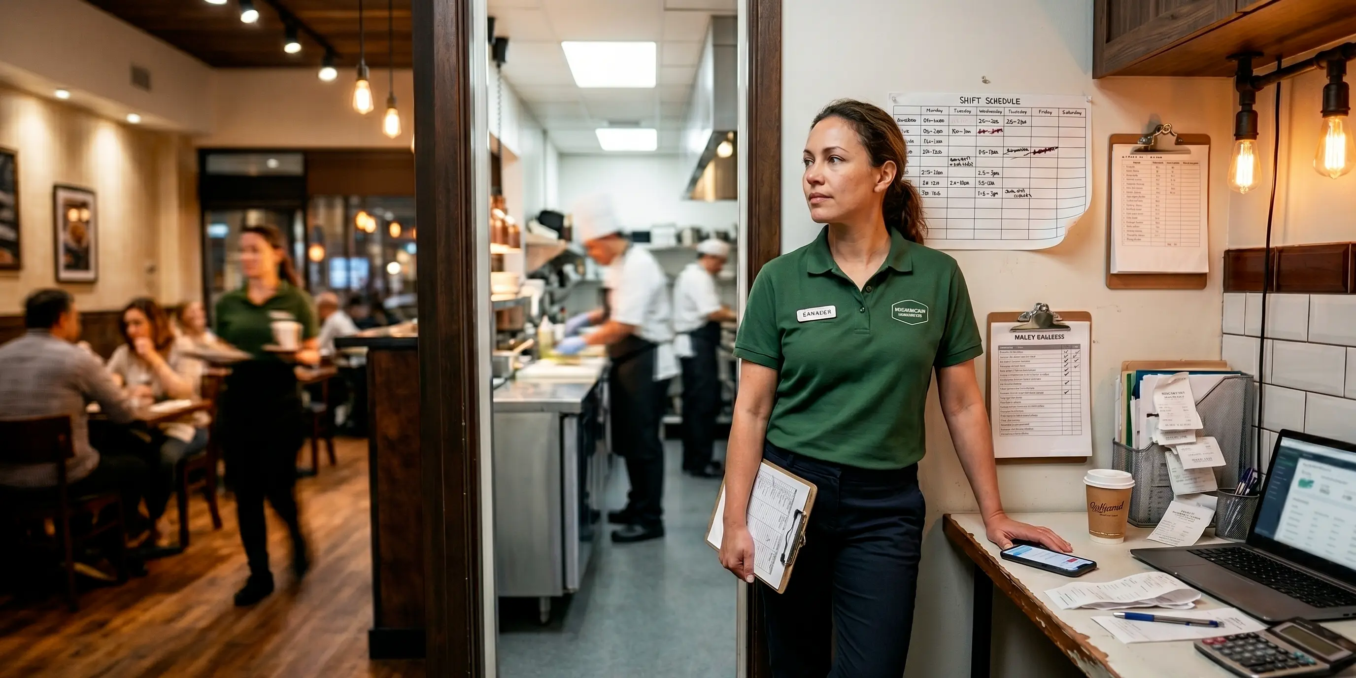 Standortleitung in einem Café-Bistro hält im Backoffice inne, Klemmbrett in der Hand, Schichtplan und HACCP-Checkliste an der Wand