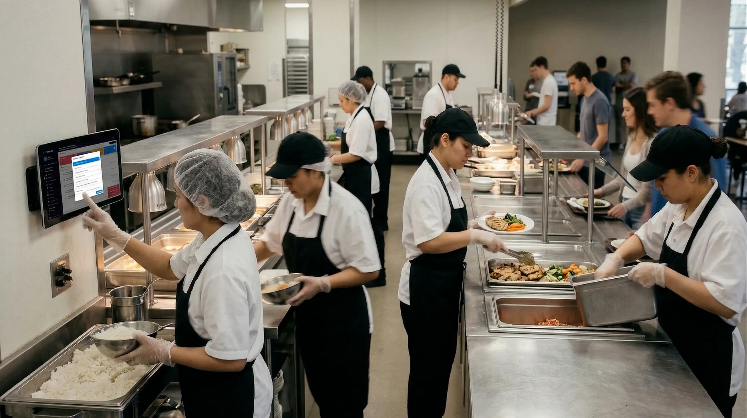 Mitarbeitende einer Cateringküche an Edelstahl-Stationen, Köchin bedient wandmontiertes Tablet mit flowtify-App zur Echtzeit-Qualitätskontrolle während des laufenden Betriebs