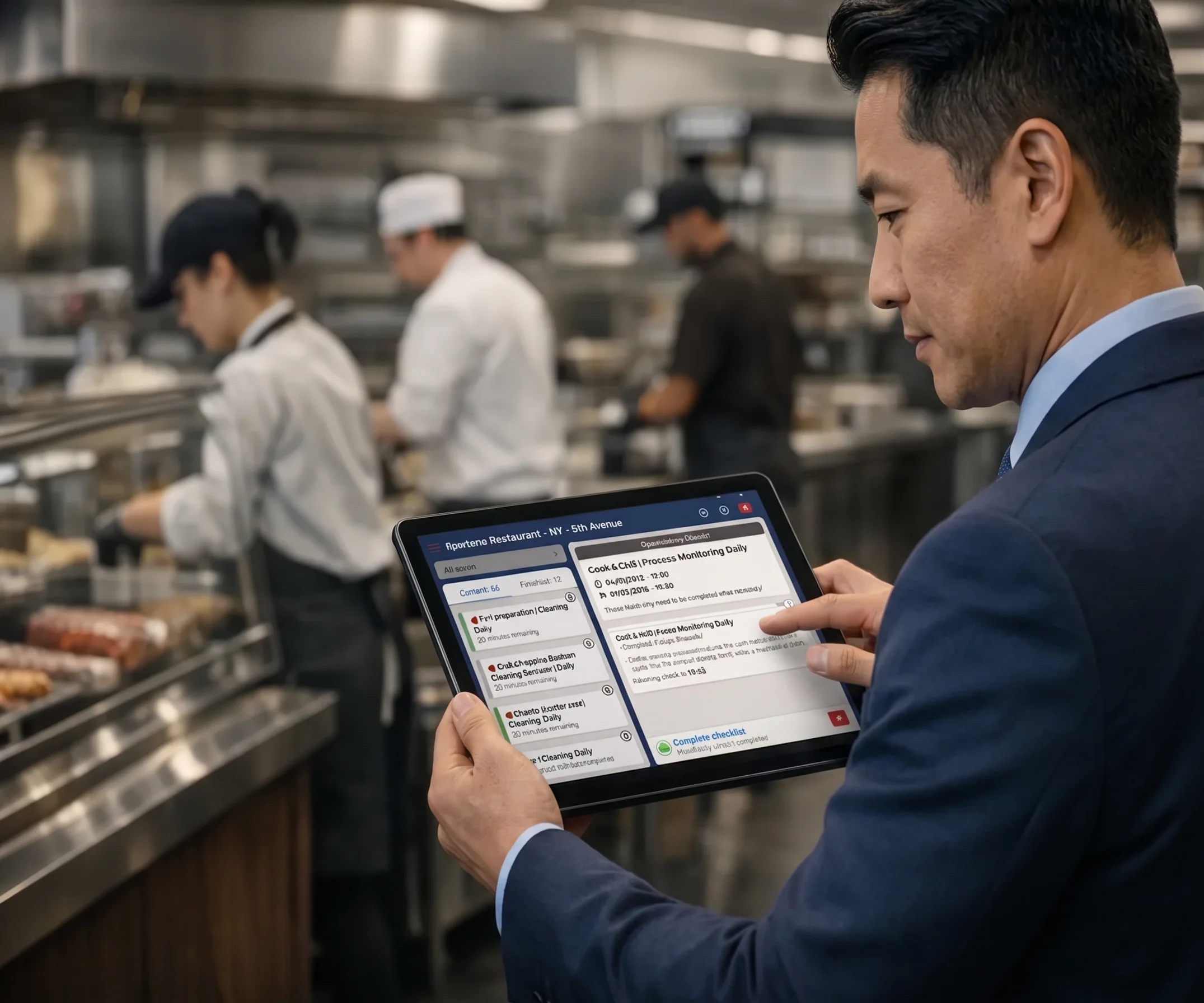 Restaurant manager in a suit reviewing the daily process monitoring and cleaning checklist on a tablet in the production kitchen of a New York flagship location.