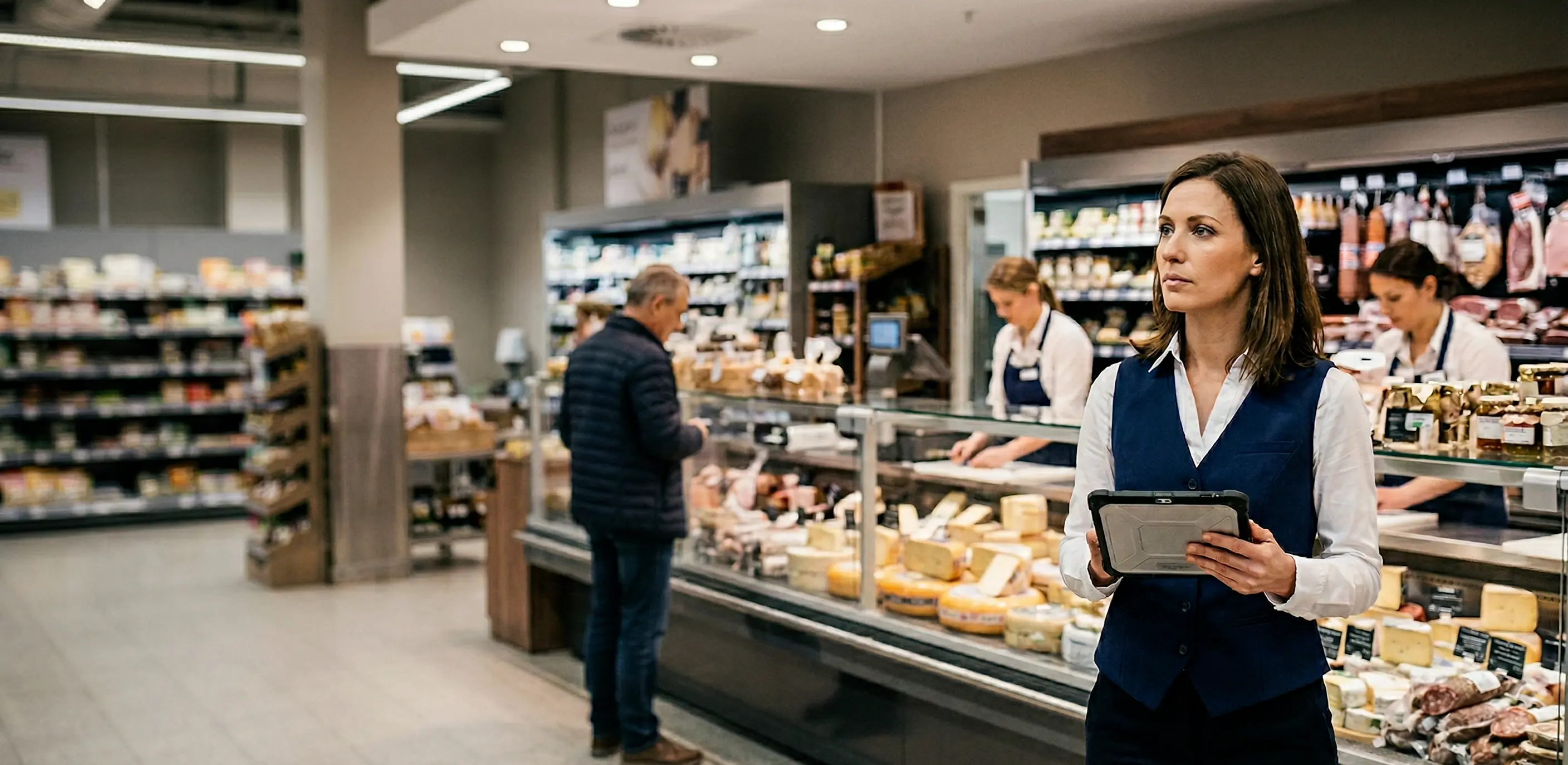 Retail quality management in multi-site supermarket operations showing digital checklist usage