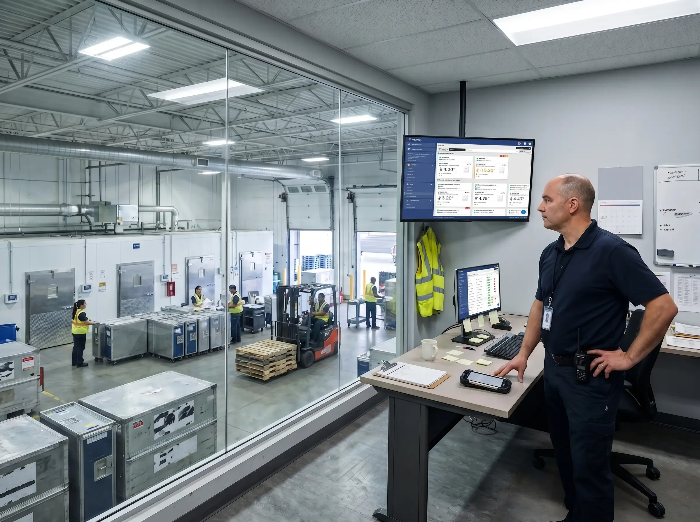 Schichtleiter überwacht im Kontrollraum Live-Temperaturen der Kühlräume auf flowtify SENSORS Dashboards, um Abweichungen früh zu erkennen, während der Betrieb in der Logistikhalle hinter der Glaswand weiterläuft