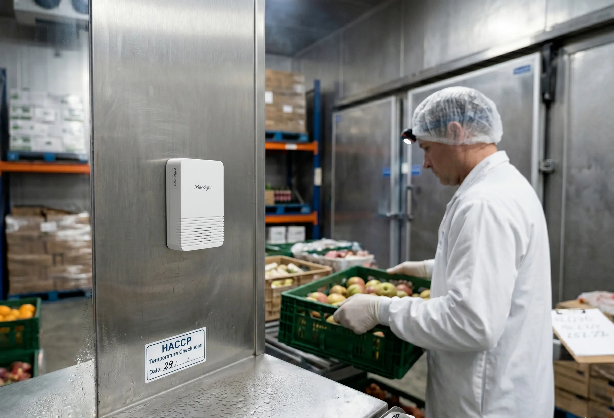 Milesight-LoRaWAN-Sensor an einer Edelstahl-Säule mit HACCP-Temperature-Checkpoint-Aufkleber, daneben prüft ein Mitarbeiter im Kittel mit Stirnlampe eine Apfelkiste im Kühlraum