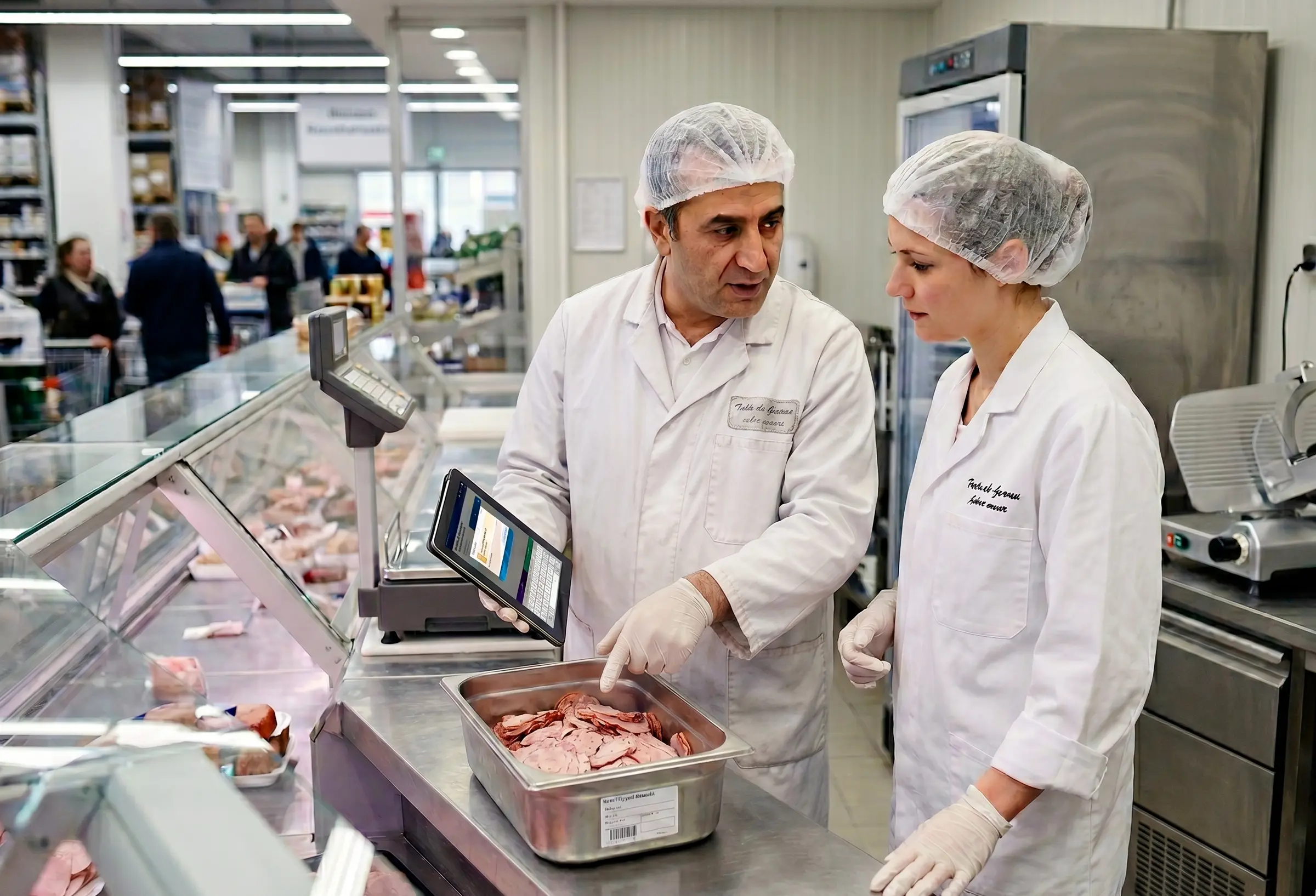 Schichtübergabe an der Frischetheke eines Cash-and-Carry-Großmarkts: erfahrener Frischetheken-Fachverkäufer zeigt der nachfolgenden Kollegin auf dem Tablet die Dokumentation einer beschrifteten GN-Schale mit aufgeschnittener Aufschnitt-Charge