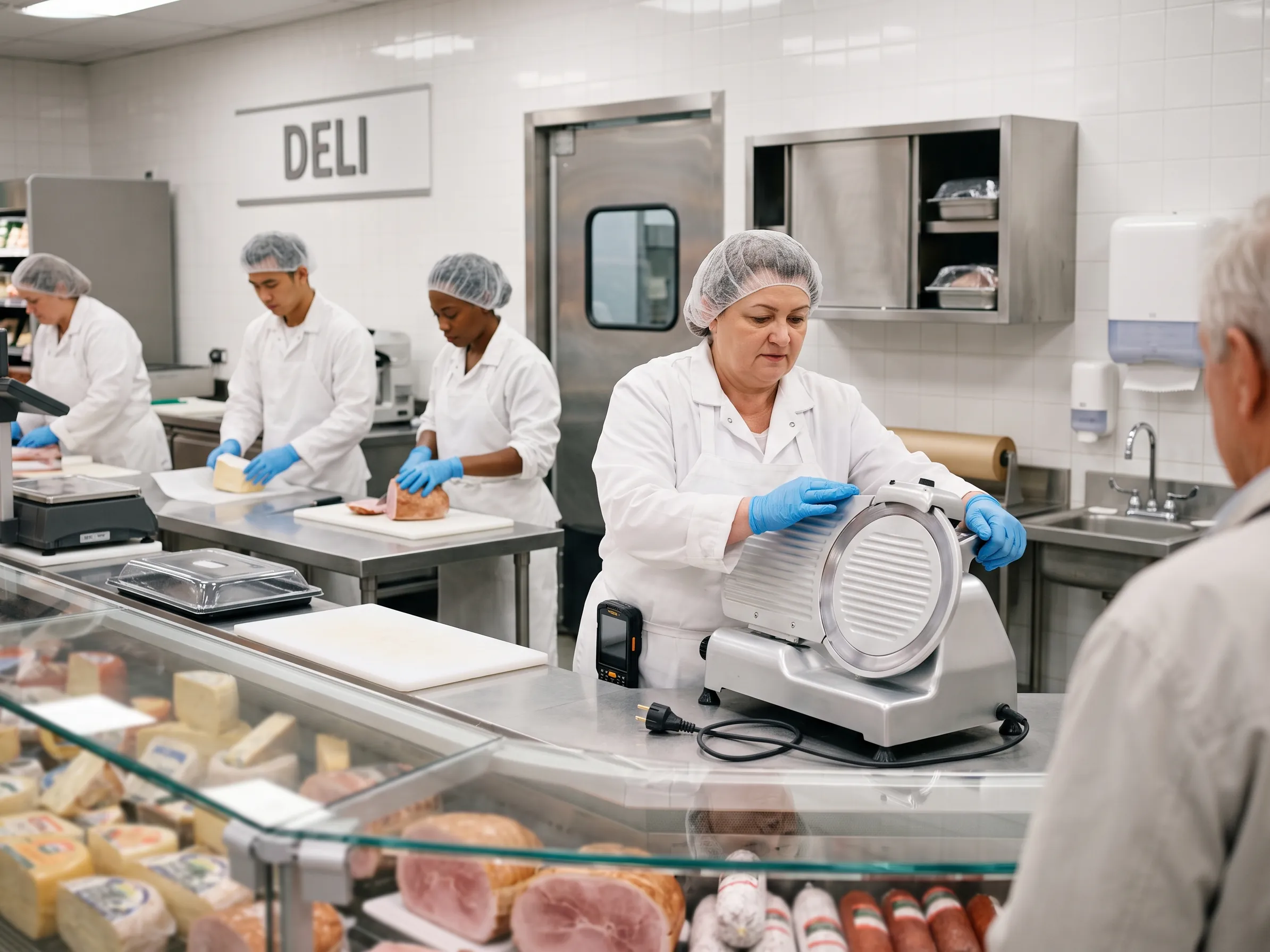 Deli counter employee in a supermarket checks the guard on the switched-off meat slicer