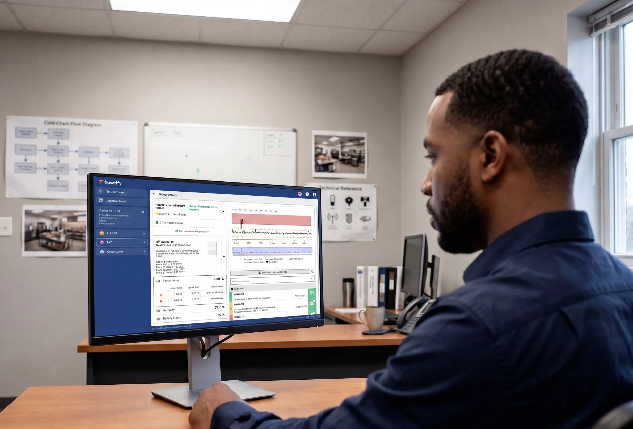 Quality Manager im Büro analysiert am Desktop-Monitor die Temperaturverläufe eines Kühlmöbels in der flowtify IoT-Detailansicht: sichtbar sind wiederkehrende Schwankungen über mehrere Tage, Grenzwerte und Alarm-Historie als Grundlage für die Beurteilung der Gerätestabilität.