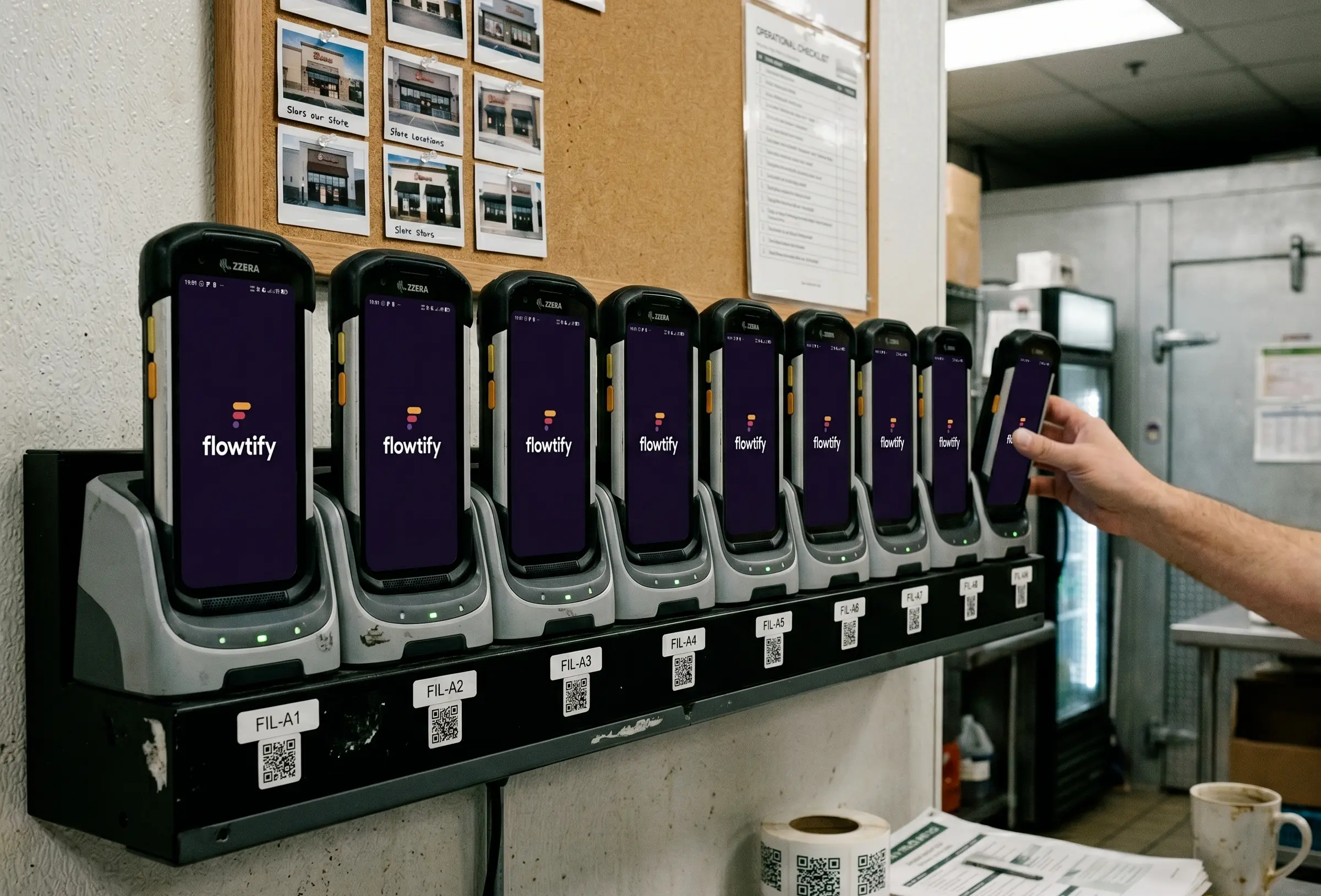 Wandmontierte Ladestation mit neun identisch konfigurierten Handhelds im Foodservice-Backoffice: jedes Gerät zeigt dieselbe flowtify-Checklisten-Oberfläche für seinen Standort.